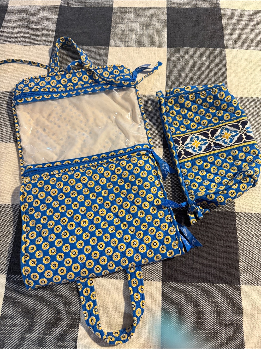Vera Bradley Blue and Yellow Quilted Travel Cosmetic Organizer Set